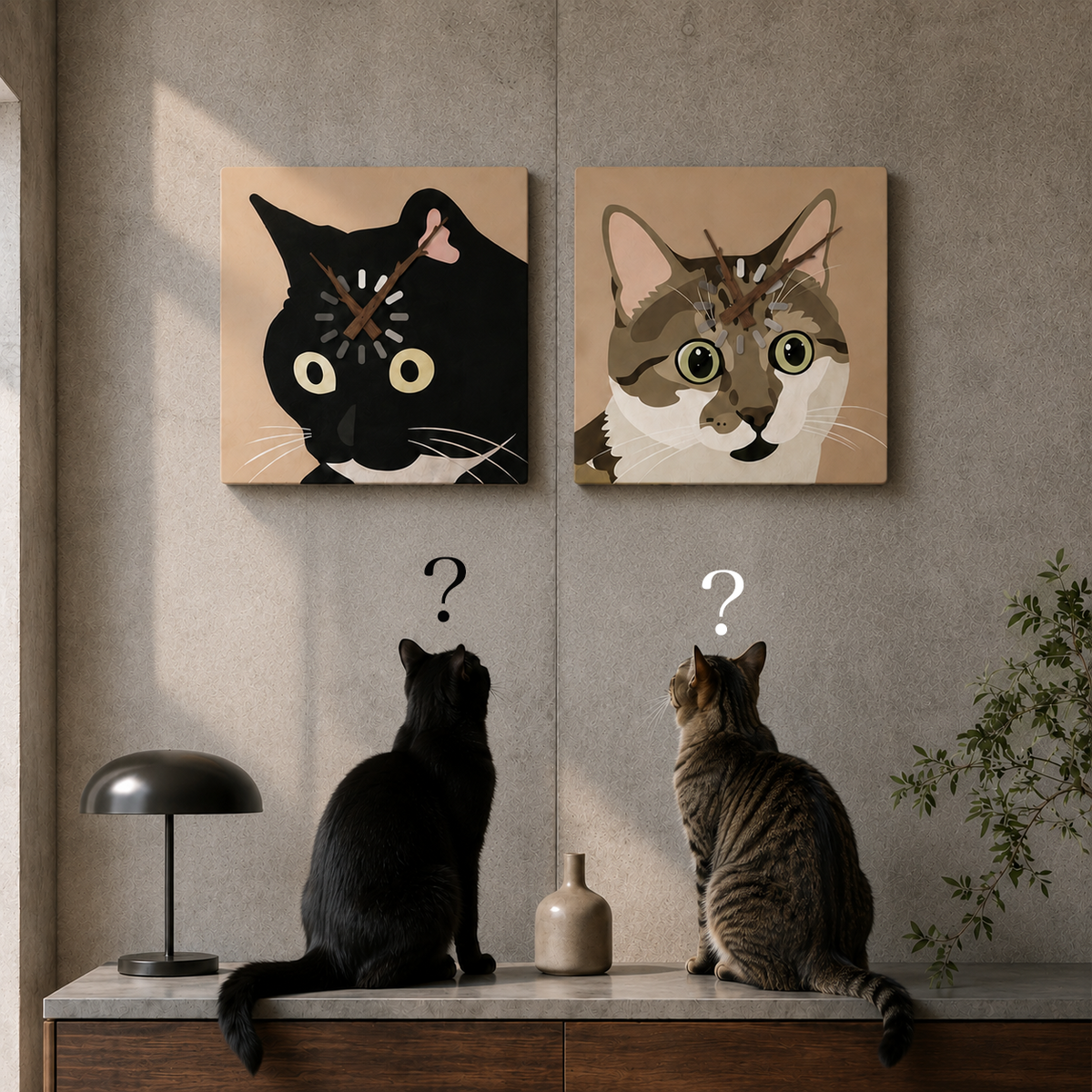 Tabby cat clock styled beside a lamp