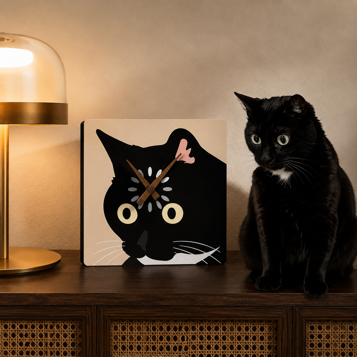 Playful tabby cat desk clock styled in a warm British home