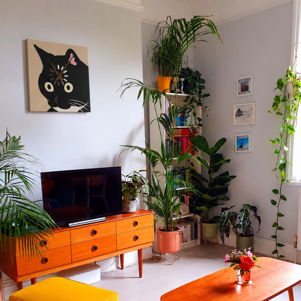 Black cat clock styled in a plant-filled living room